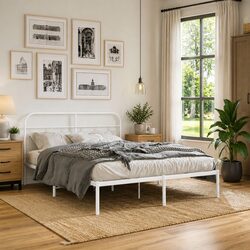 Metal Bed Frame 135x190 cm with White Headboard