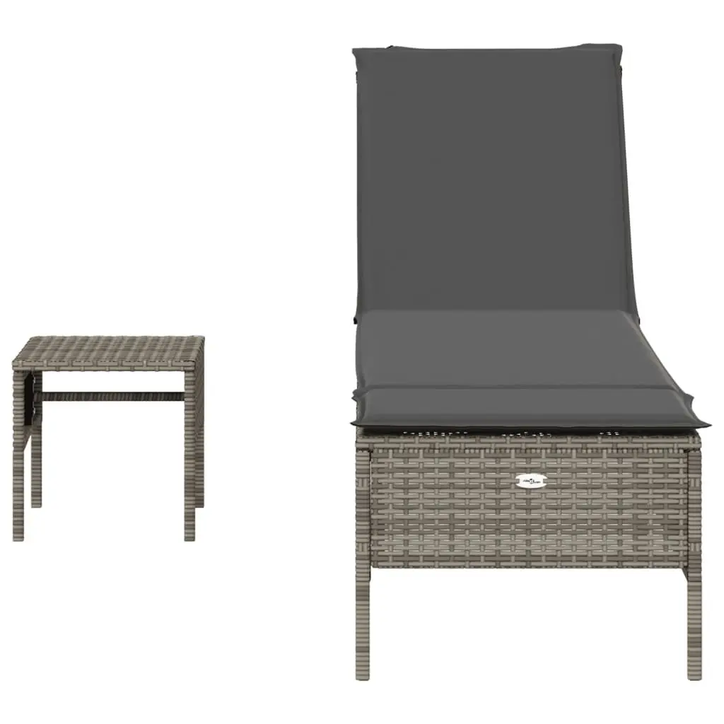 Sun Lounger with Side Table and Cushion for Outdoor Use Grey Poly Rattan Adjustable Backrest