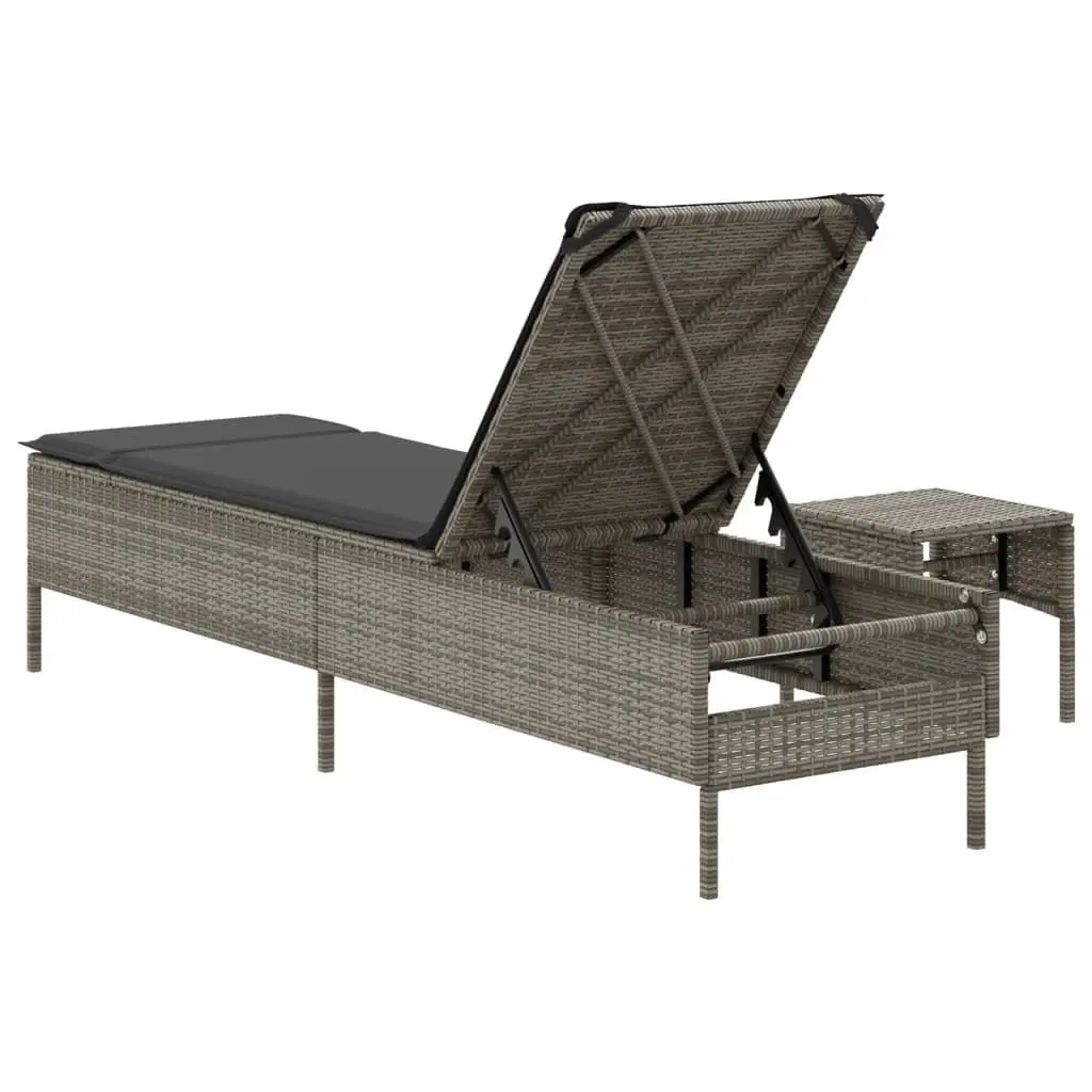 Sun Lounger with Side Table and Cushion for Outdoor Use Grey Poly Rattan Adjustable Backrest