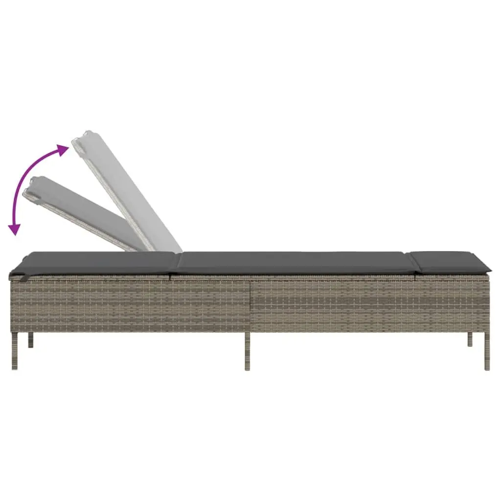 Sun Lounger with Side Table and Cushion for Outdoor Use Grey Poly Rattan Adjustable Backrest