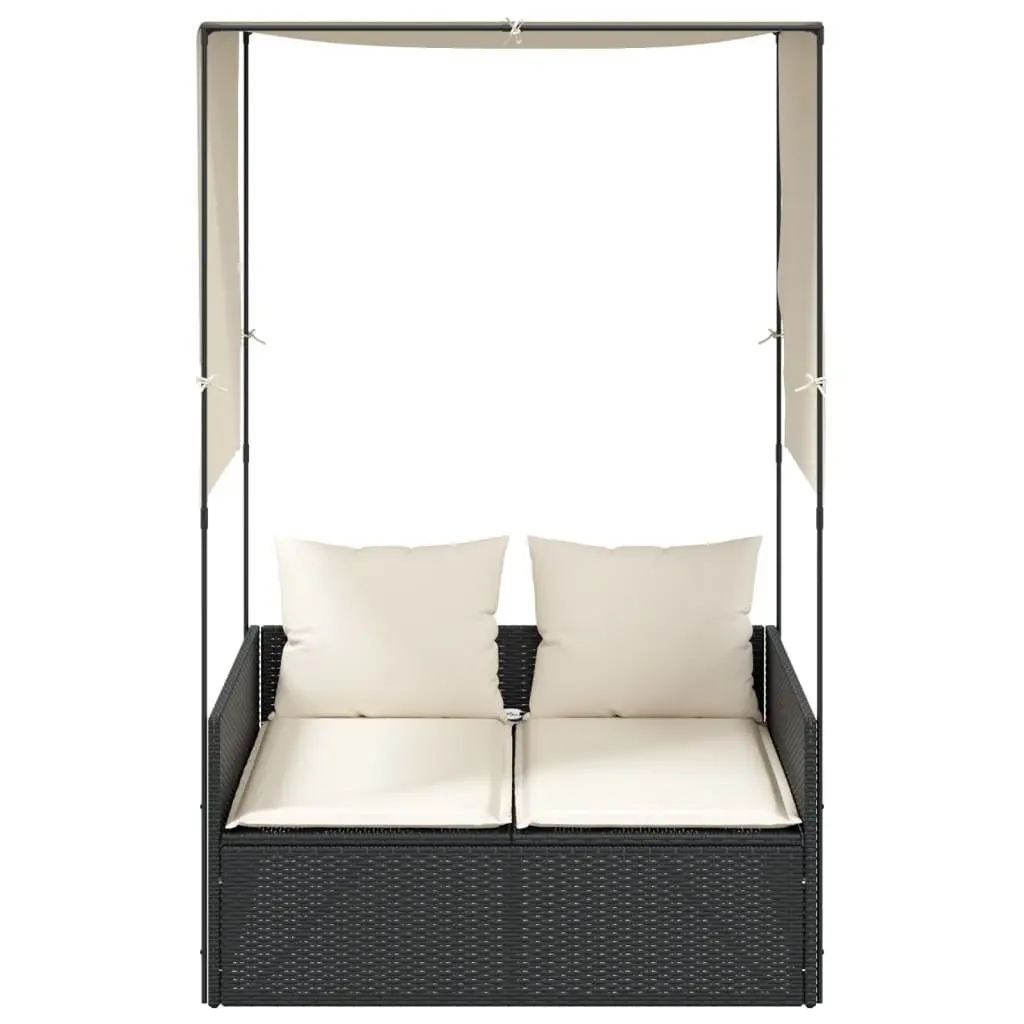 Double Sun Lounger Outdoor Garden Furniture with Roof and Curtains Black Rattan
