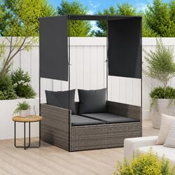 Double Sun Lounger with Roof Curtains Grey Poly Rattan Outdoor Garden Furniture