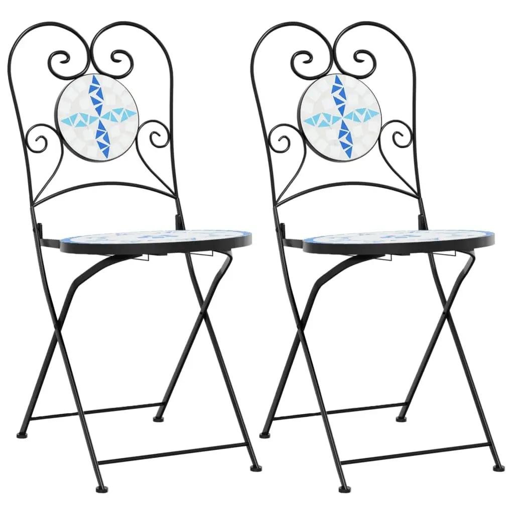 Outdoor Bistro Chairs Foldable 2 pcs Mosaic Design Garden Patio Seating Blue