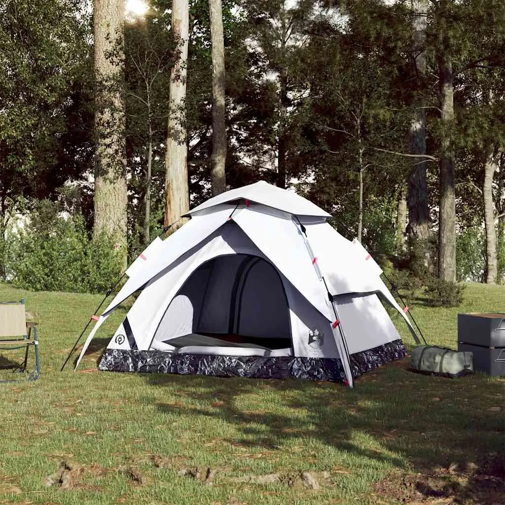 Camping Tent Dome 4-Person White Blackout Fabric Quick Release Setup