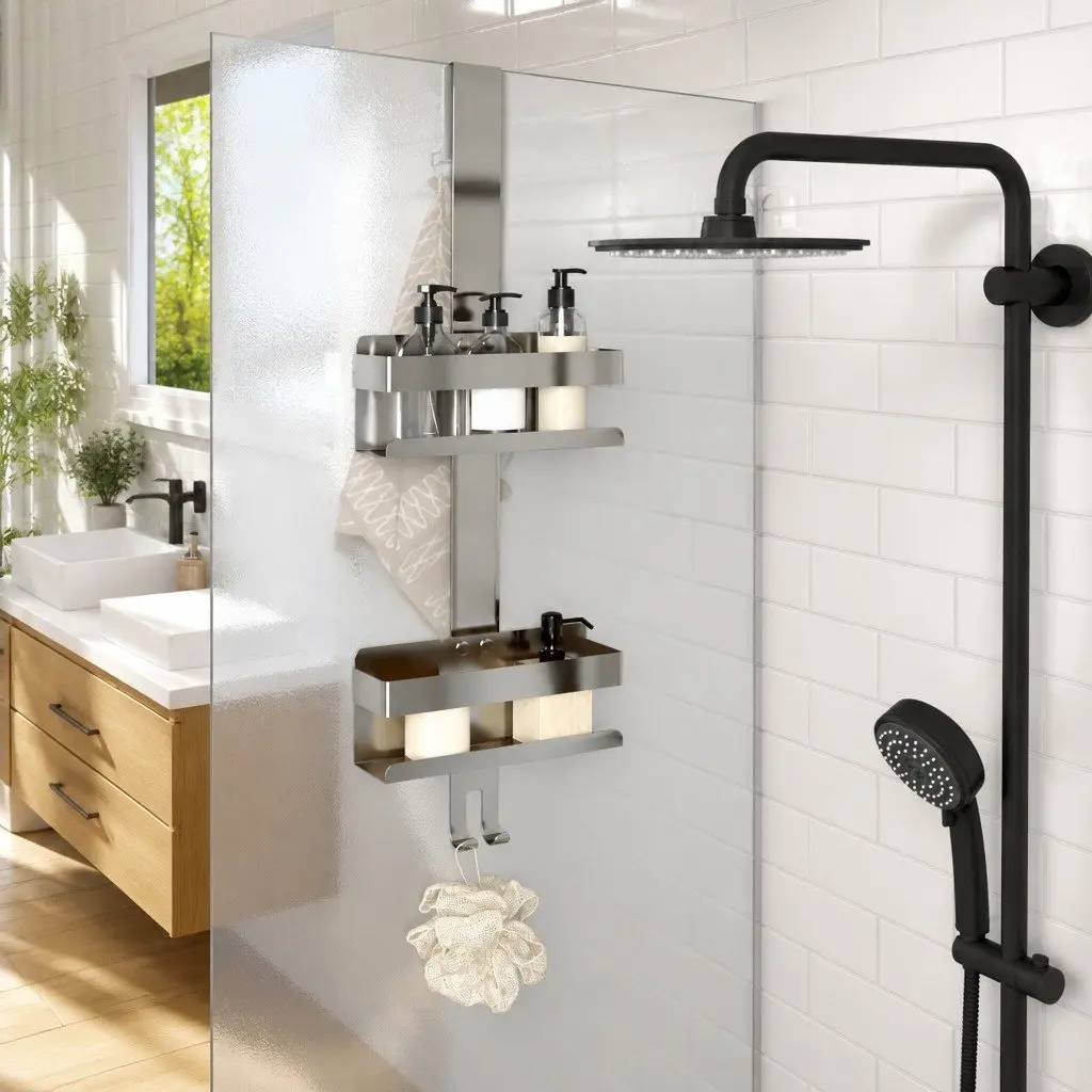 Hanging Shower Caddy with Hooks and Basket