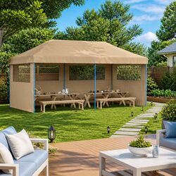 Beige Foldable Pop-Up Party Tent with 3 Sidewalls Specifications