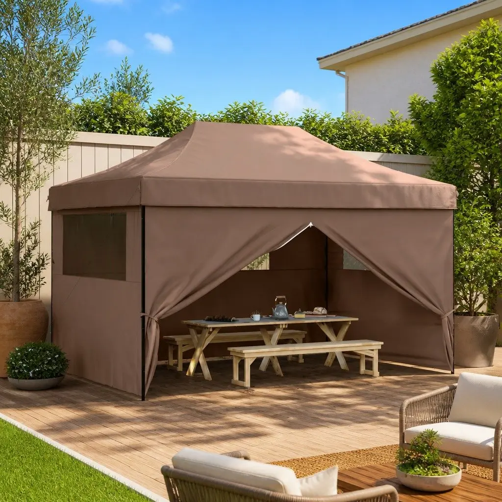 Foldable Pop-Up Party Tent Outdoor 4 Sidewalls Clear Windows Zipped Door Brown