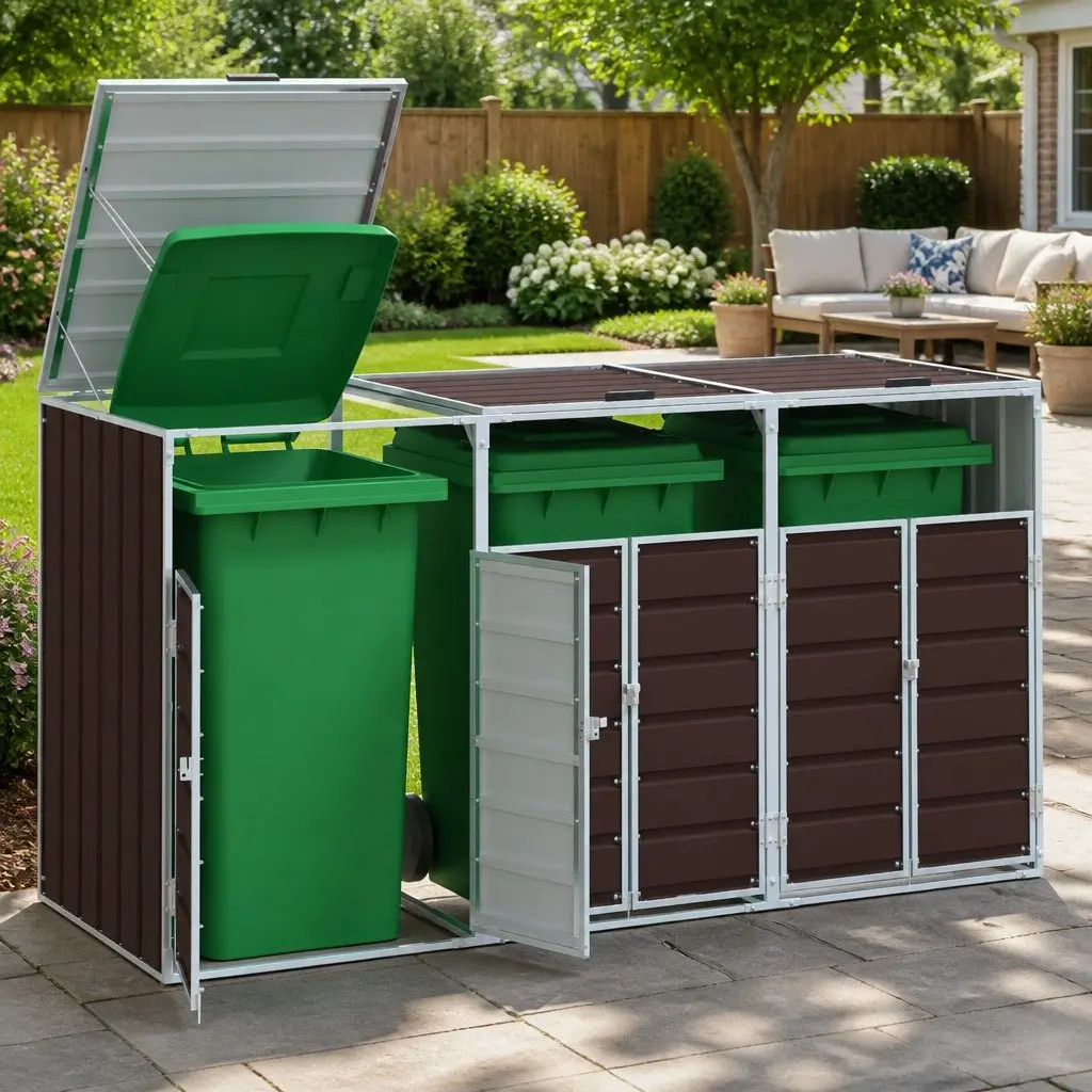 Wheelie Bin Storage Triple Bins Garden Waste Container Brown 216x81x115 cm