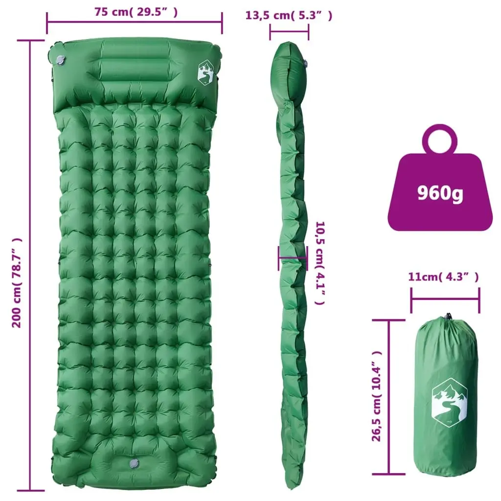 Self Inflating Camping Mattress Single Person Sleeping Pad with Pillow Green