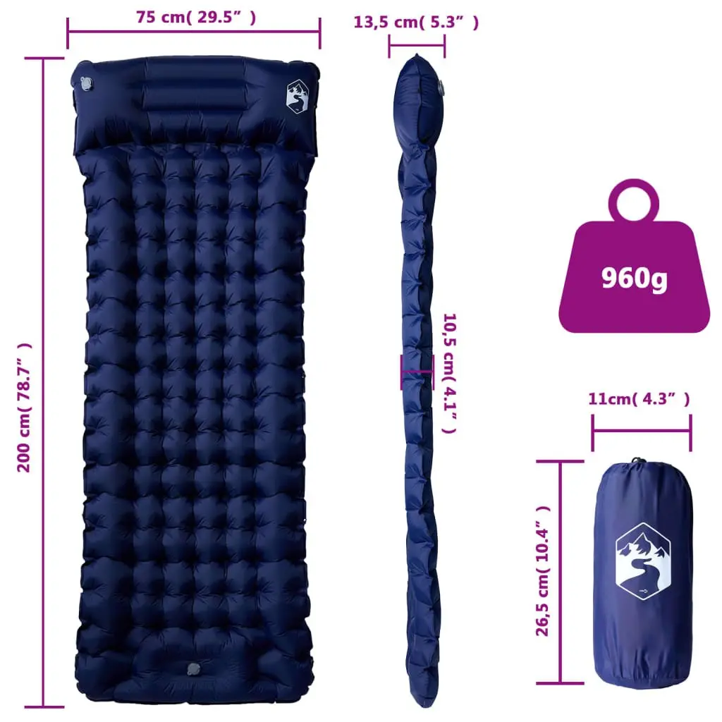 Self Inflating Camping Mattress with Pillow Single Person Sleeping Pad Blue