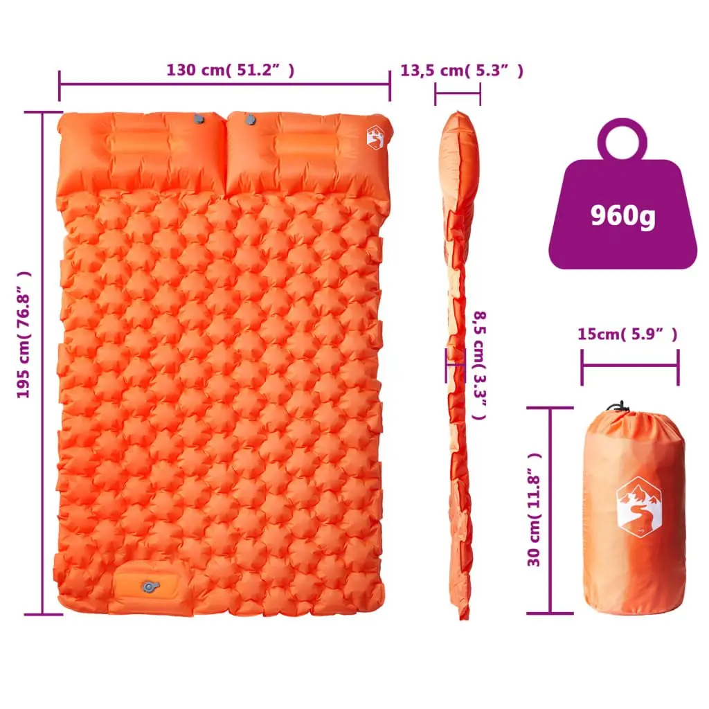 Self Inflating Camping Mattress 2-Person with Pillows Sleeping Pad Orange