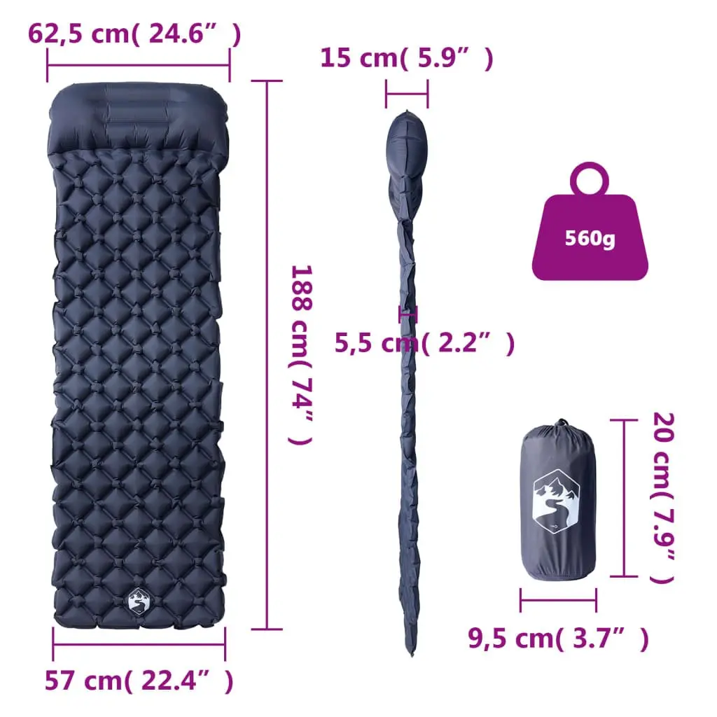 Inflatable Camping Mattress with Pillow 1-Person Grey Sleeping Pad Outdoor
