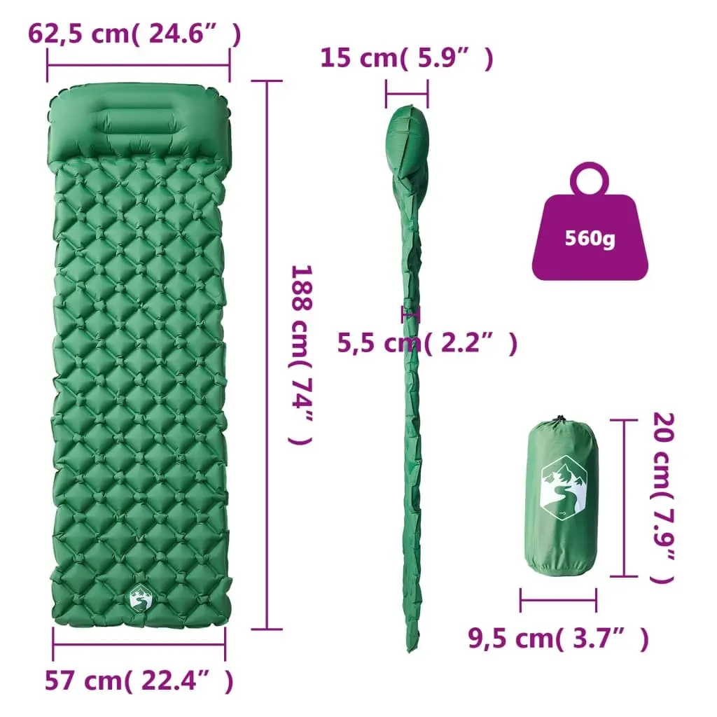 Inflating Camping Mattress with Pillow 1-Person Sleeping Pad Green Outdoor