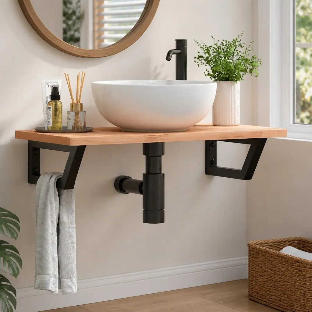 Trapezium Shelf Brackets for Bathroom Black Steel Wall Mount 2 Piece