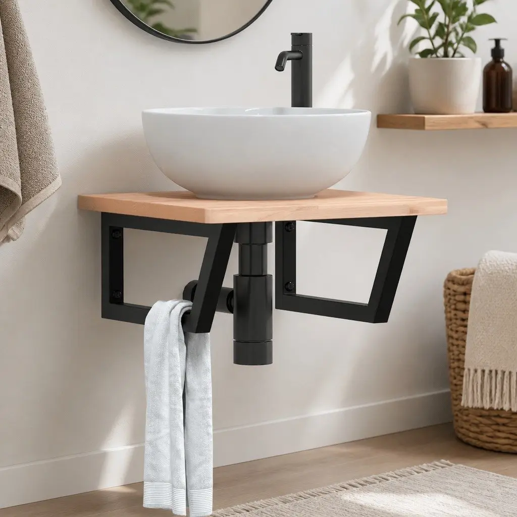 Shelf Brackets for Washbasin 2 pcs Black Trapezium Steel Wall Mount Support