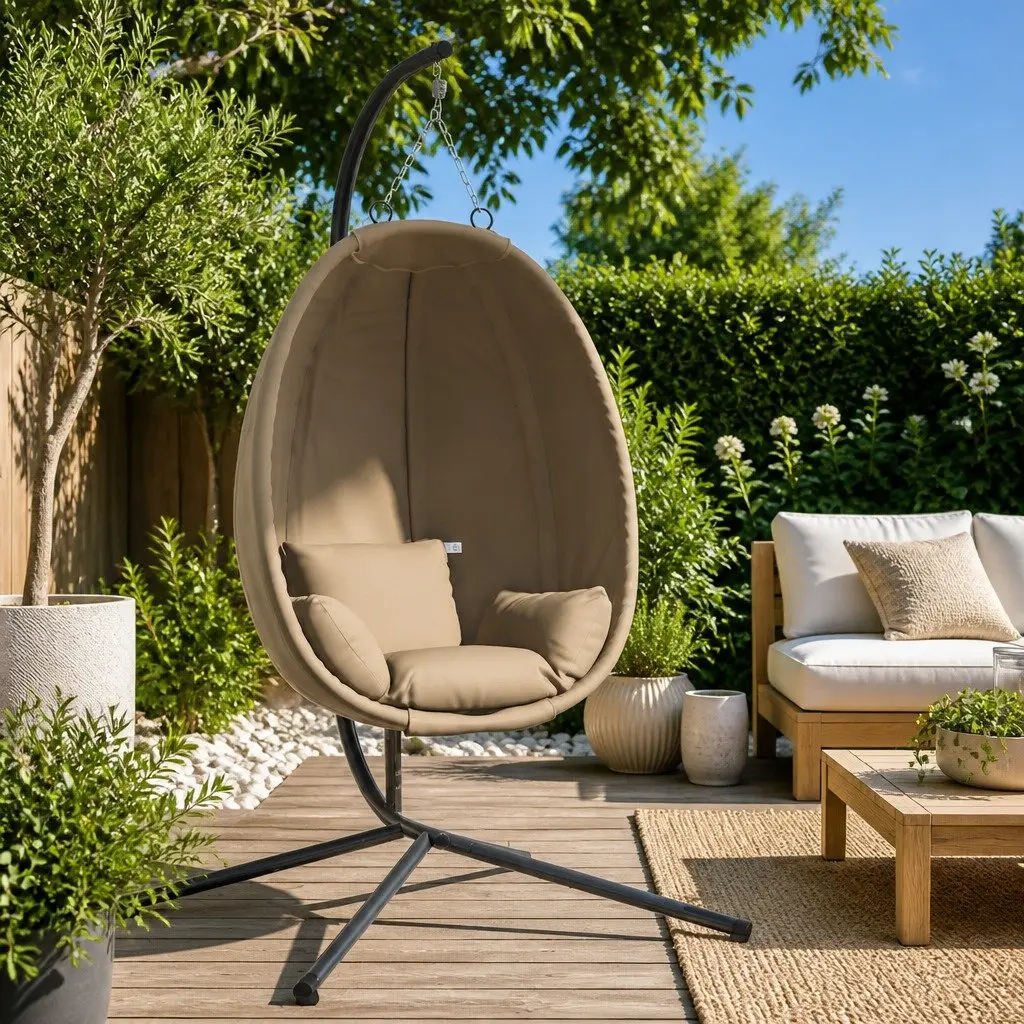 Hanging Egg Chair with Stand Outdoor Patio Garden Taupe Fabric Steel Frame