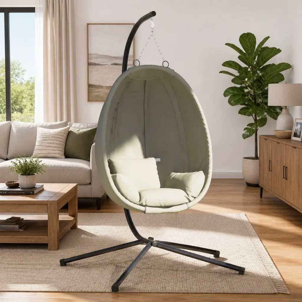 Hanging Egg Chair with Stand for Outdoor Garden Porch Beige Fabric
