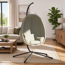 Hanging Egg Chair Specifications: Beige Fabric & Steel Frame