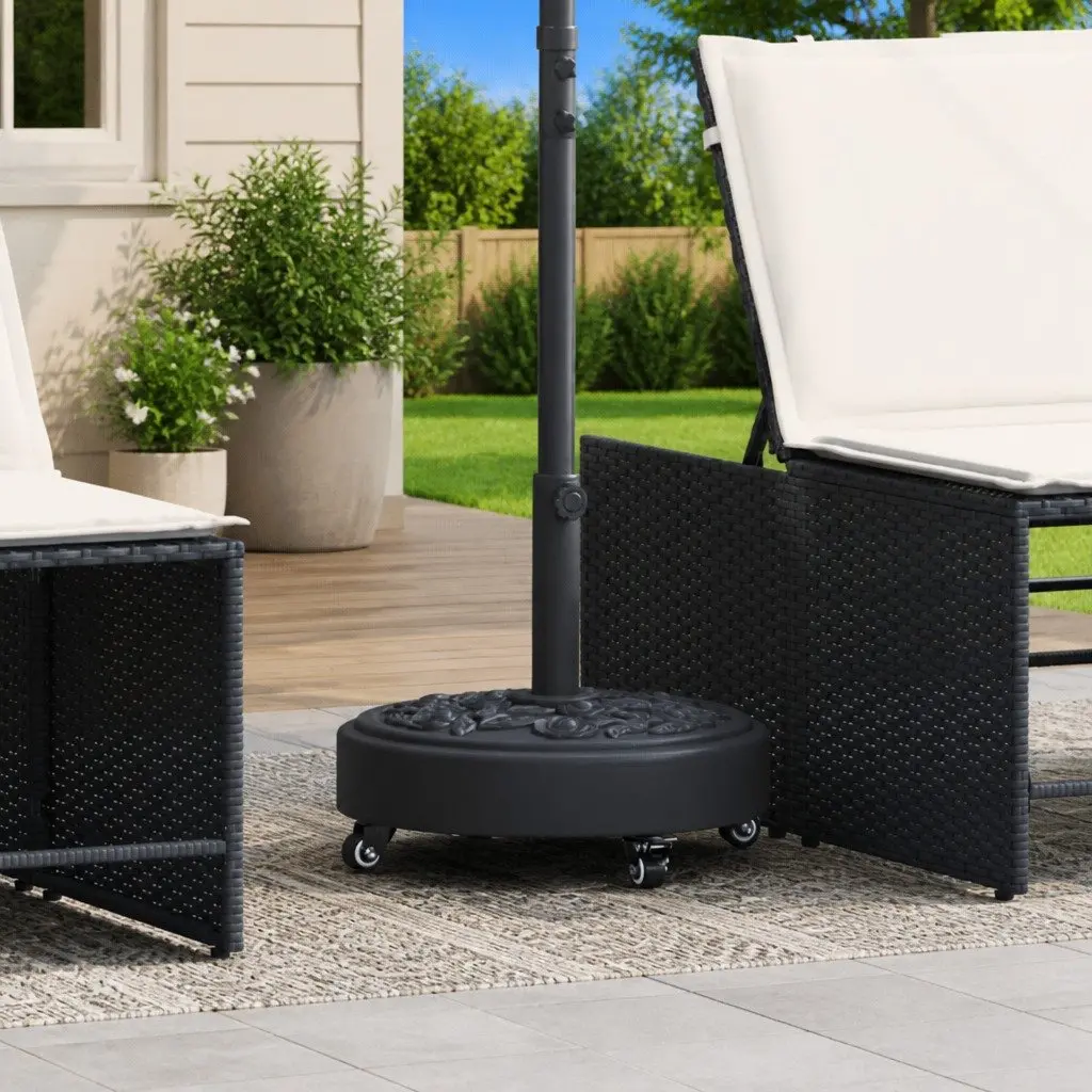 Round Parasol Base with Lockable Wheels for 38mm 48mm Poles Black Outdoor