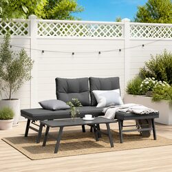 Garden Benches Set: 2 Cushioned Loungers, Black Steel Frame