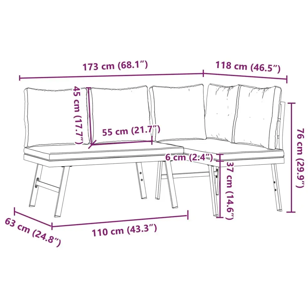 Outdoor Garden Benches 2 Piece Set with Cushions Black Steel Seating Furniture