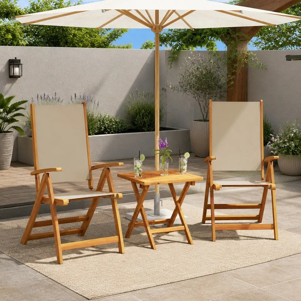 Folding Outdoor Chairs Garden Patio Seating 2 Piece Solid Wood Acacia Textilene