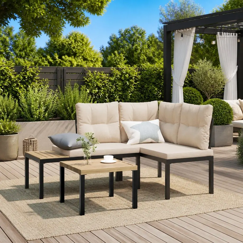 Garden Benches Outdoor Patio Furniture 2 pcs Black Steel Frame Cushioned Seating
