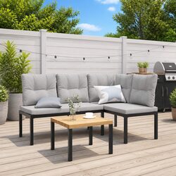 Two-Piece Black Steel Outdoor Garden Benches with Cushions