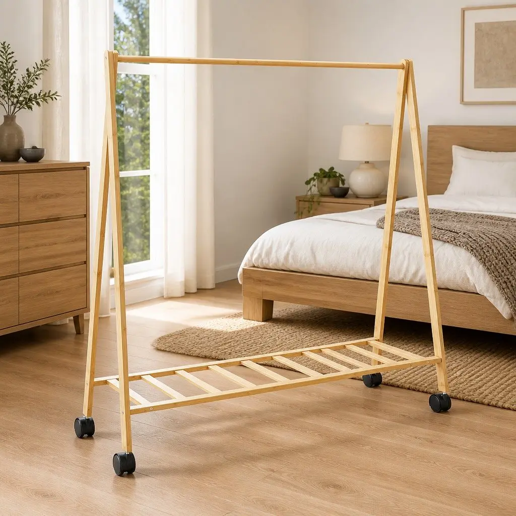 Bamboo Clothes Rack for Bedroom or Hallway with Shelves and Wheels Foldable 106 x 34 x 106.5 cm Brown