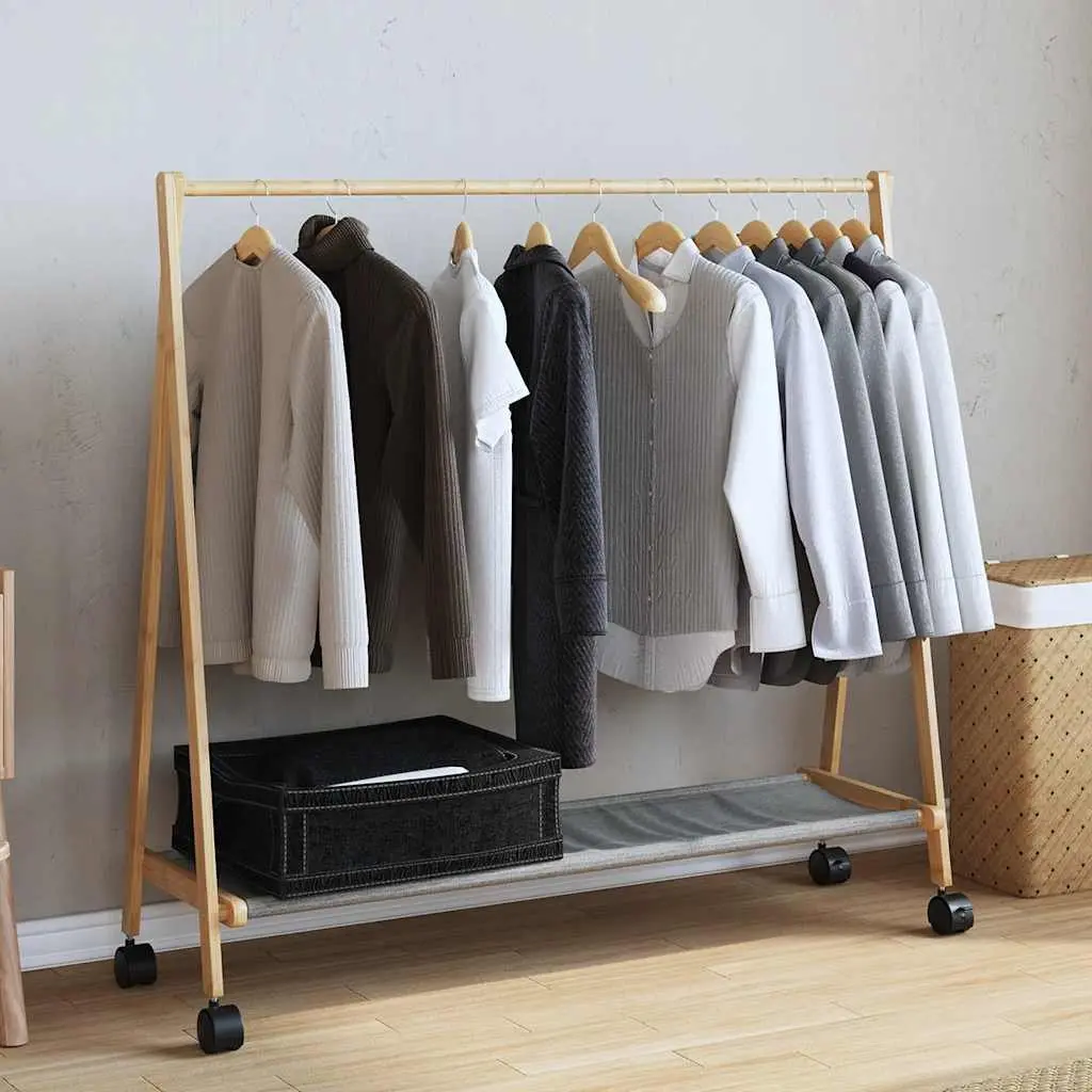 Bamboo Clothes Rack for Bedroom Hallway Bathroom 106 x 34 x 106.5 cm Foldable with Shelves and Wheels