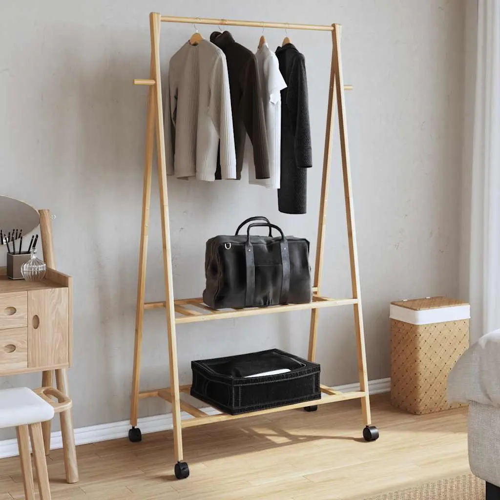 Bamboo Clothes Rack with Shelves Wheels Foldable Garment Organiser Storage