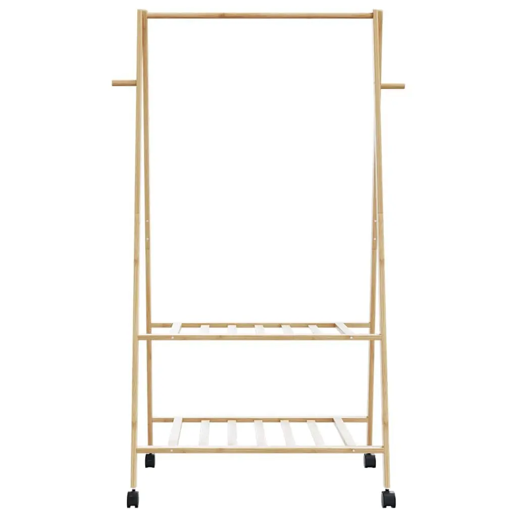 Bamboo Clothes Rack with Shelves Wheels Foldable Garment Organiser Storage