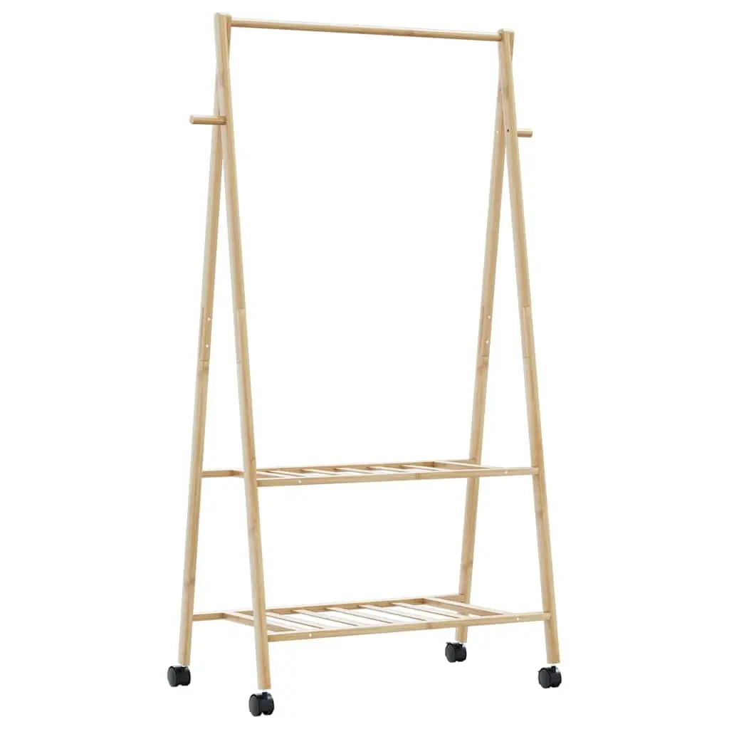 Bamboo Clothes Rack with Shelves Wheels Foldable Garment Organiser Storage