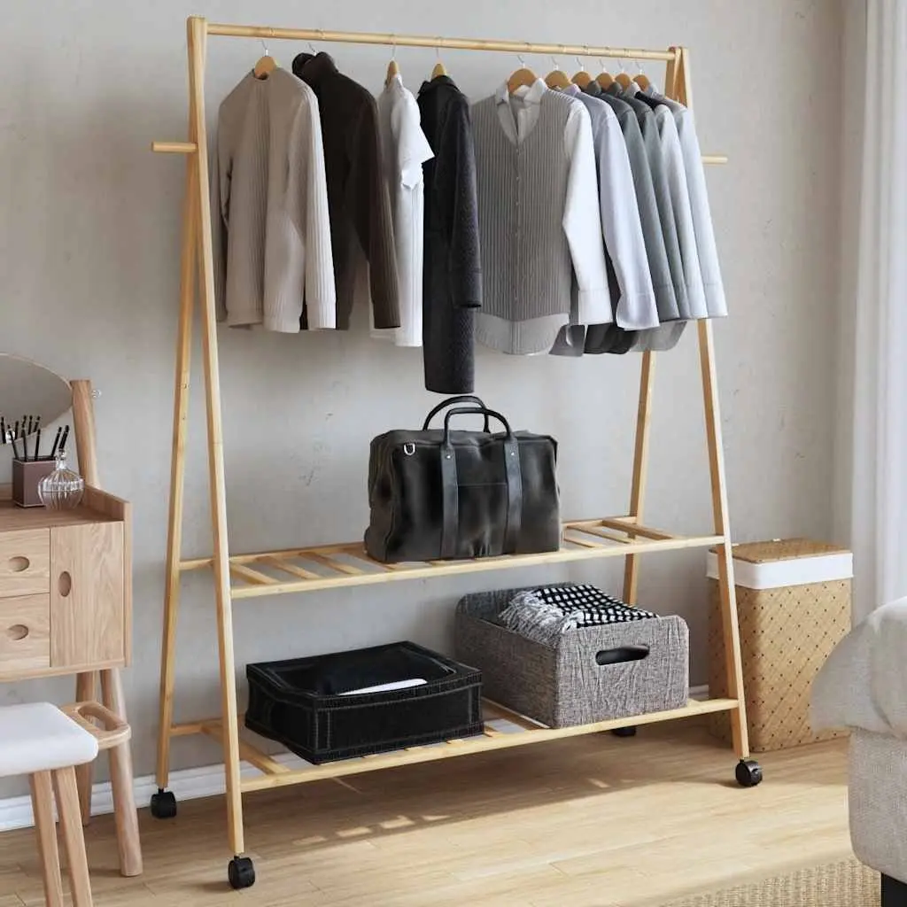 Clothes Rack for Bedroom and Dressing Room 132 x 45.5 x 155.5 cm Brown Bamboo Storage Organiser with Shelves and Wheels
