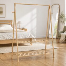 Bamboo Clothes Rack with Shelves Foldable Garment Organiser Storage Coat Stand