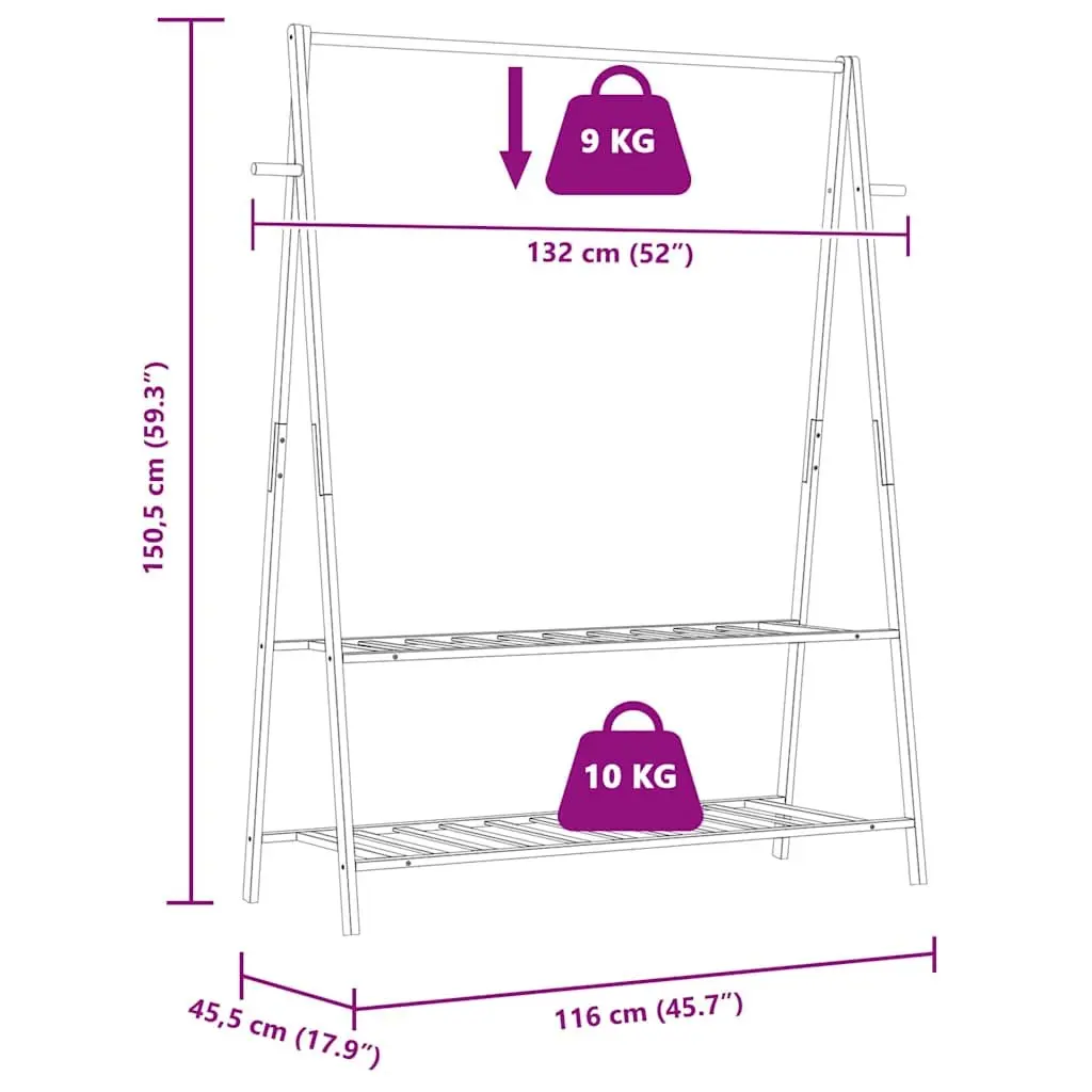 Bamboo Clothes Rack for Bedroom Bathroom Hallway 132 x 45.5 x 150.5 cm