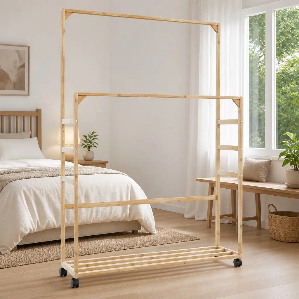 Bamboo Clothes Rack for Organising Garments with Shelves and Wheels Brown 90x35x155cm
