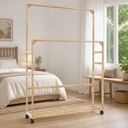Bamboo Clothes Rack: 90x35x155cm with Wheels
