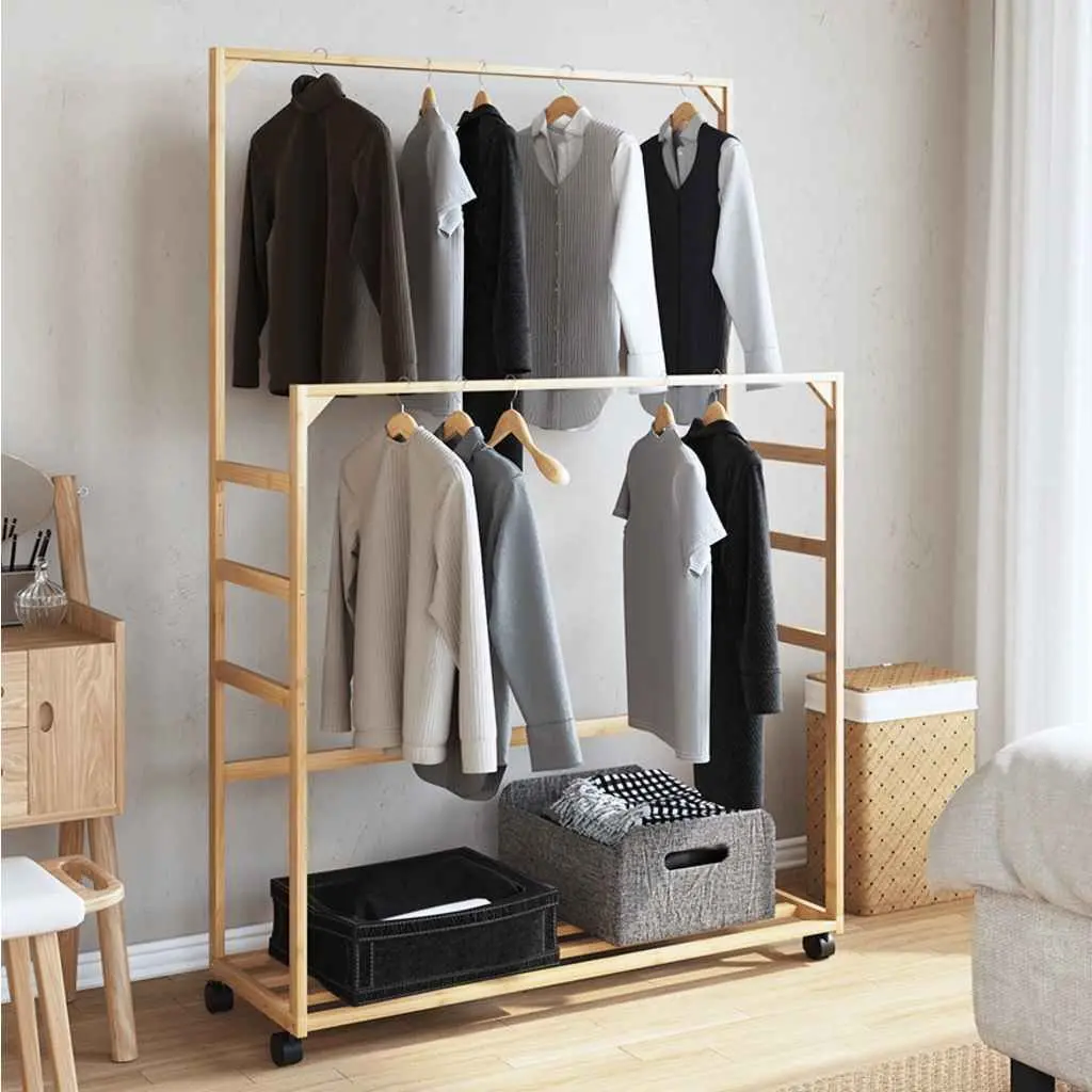 Bamboo Clothes Rack for Organising Garments with Shelves and Wheels Brown 90x35x155cm