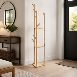 Bamboo Coat Stand: 39 x 33 x 166 cm with Hooks and Shelves