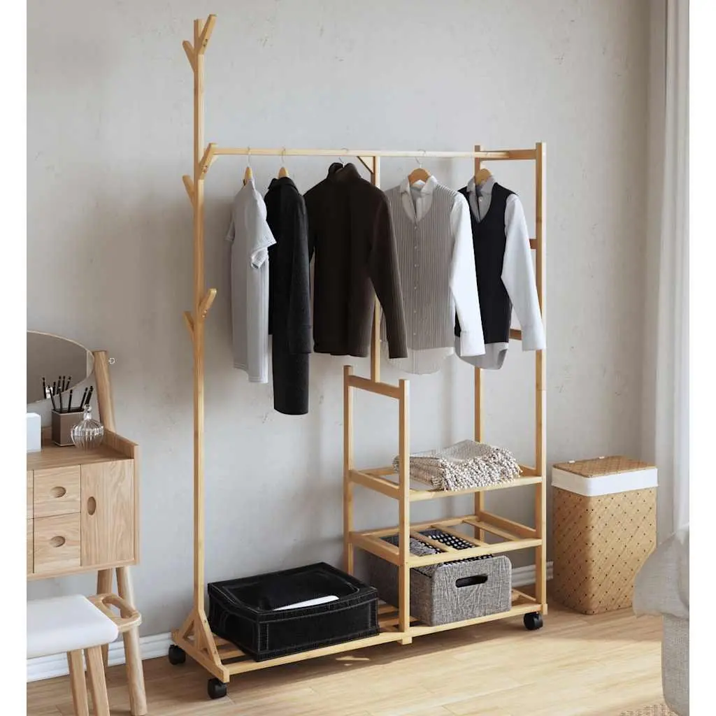 Bamboo Clothes Rack with Shelves Wheels and Hooks Garment Organiser Storage