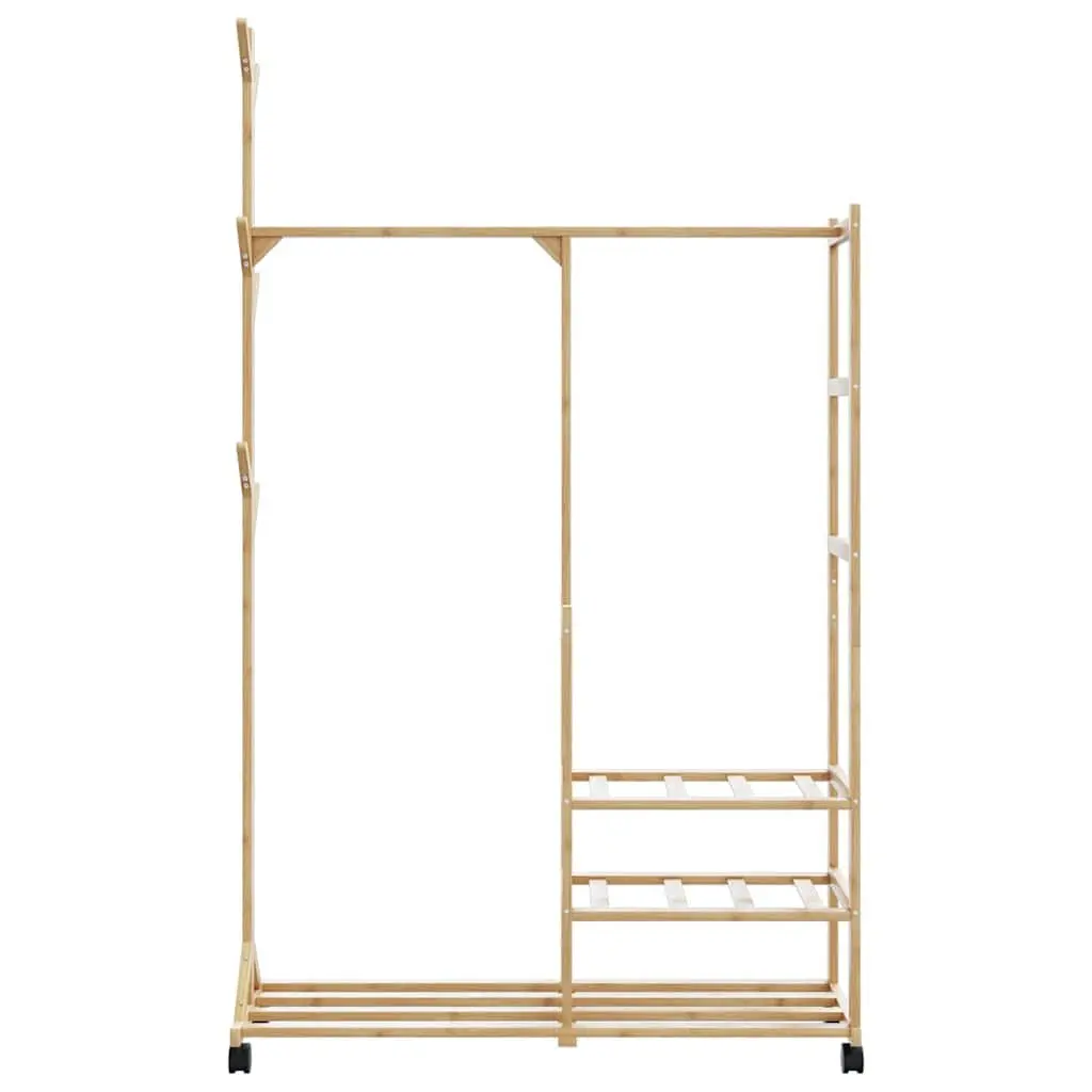 Bamboo Clothes Rack with Shelves Wheels and Hooks Garment Organiser Storage