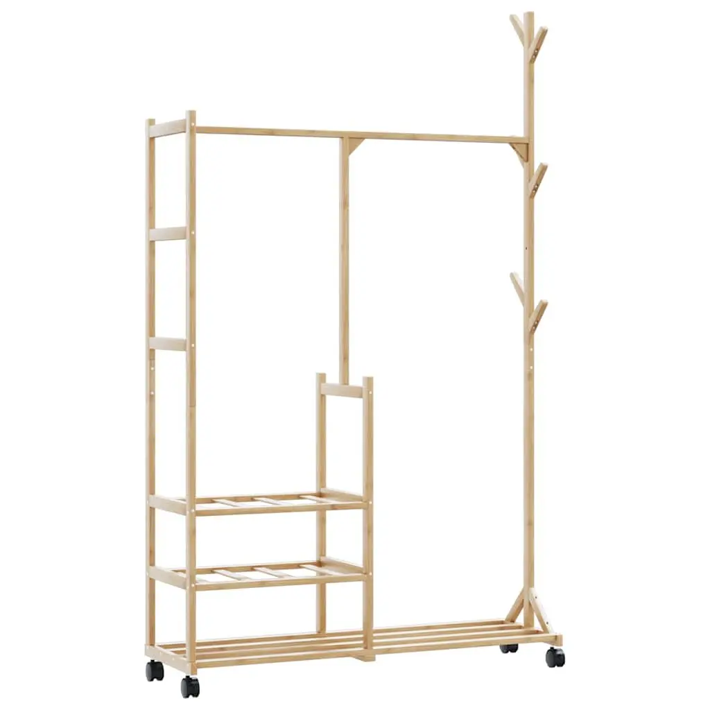 Bamboo Clothes Rack with Shelves Wheels and Hooks Garment Organiser Storage
