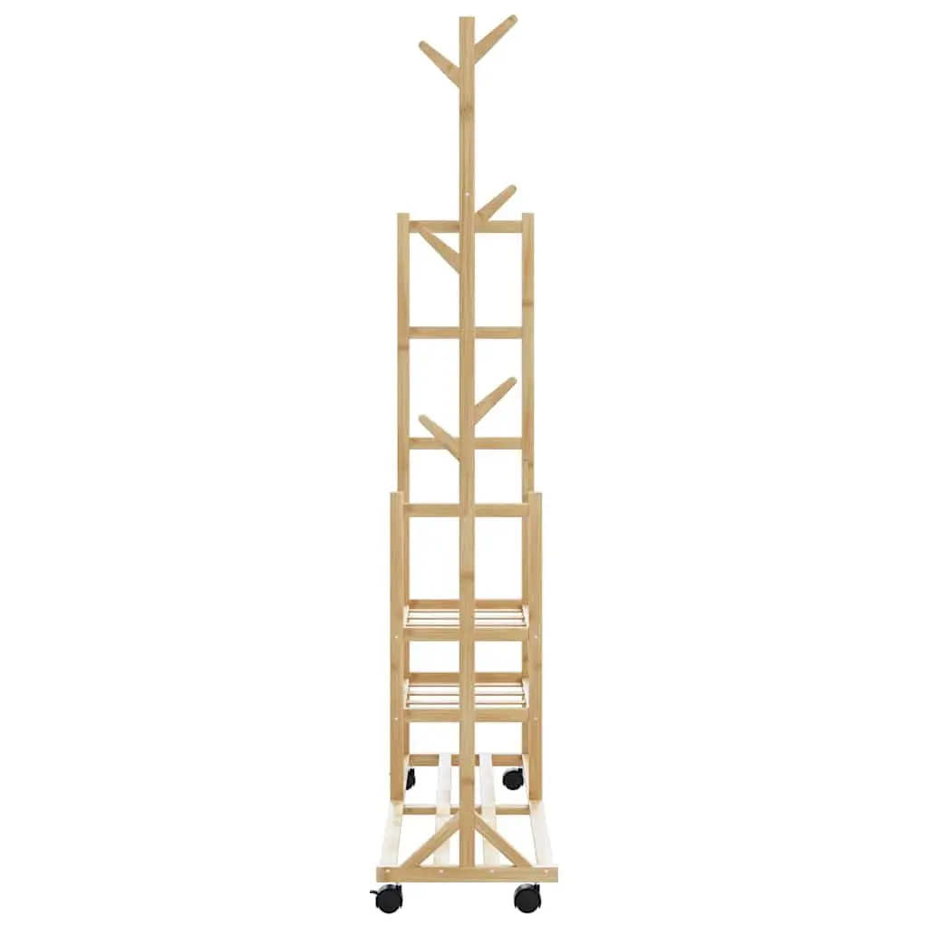 Bamboo Clothes Rack with Shelves Wheels and Hooks Garment Organiser Storage