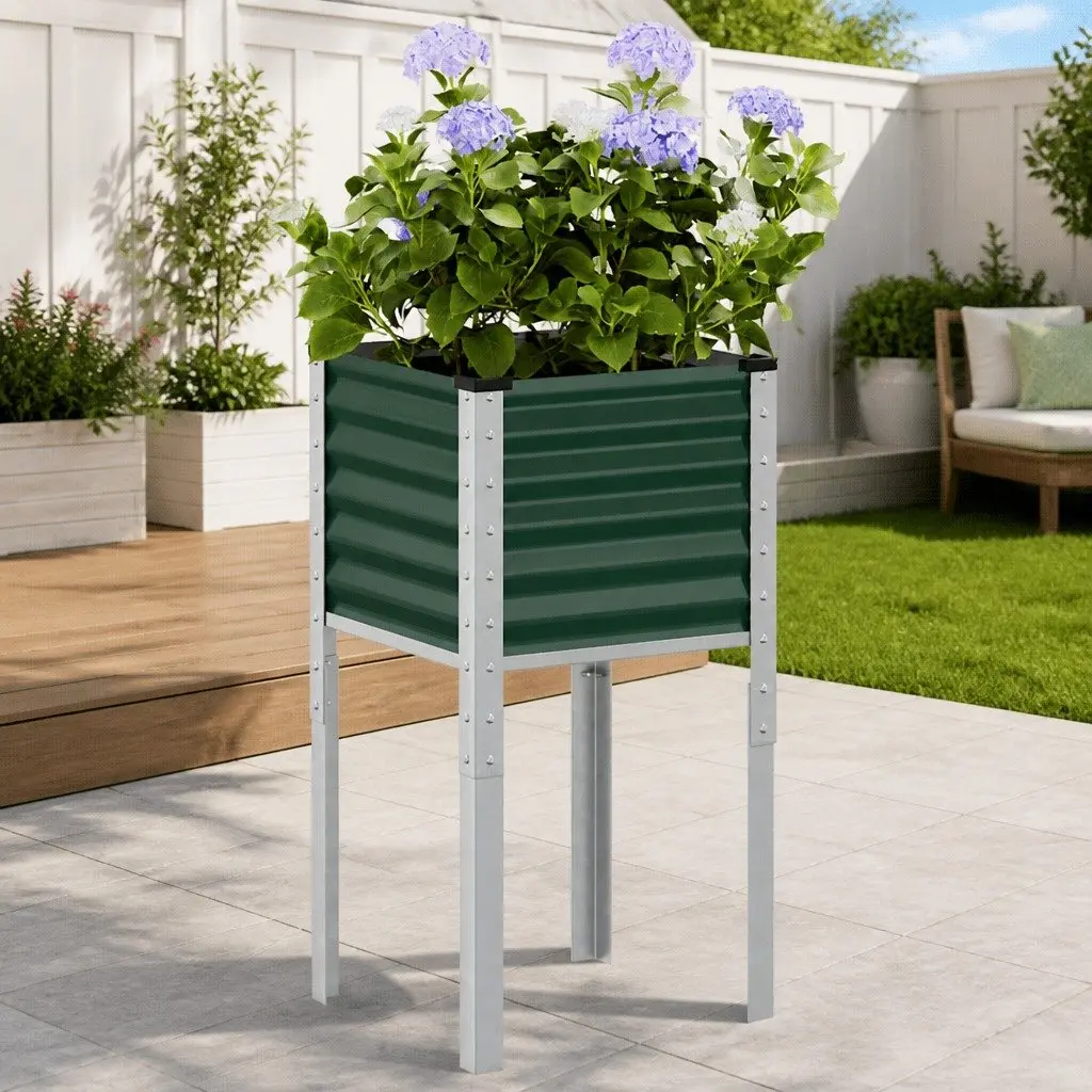 Garden Planter Box Green 45x45x88 cm Outdoor Flower Pot Stand Steel Raised Bed