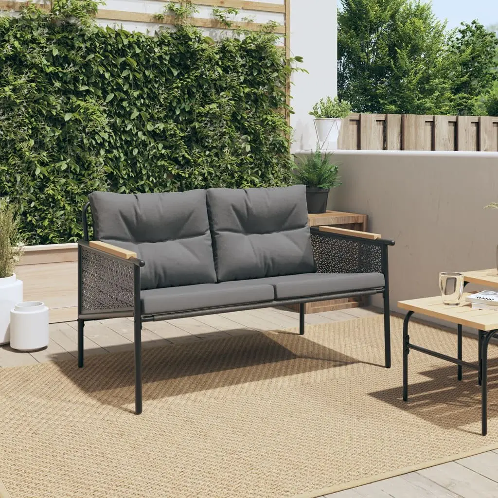 Outdoor Steel Frame Garden Bench 116cm Black with Cushions for Patio and Backyard