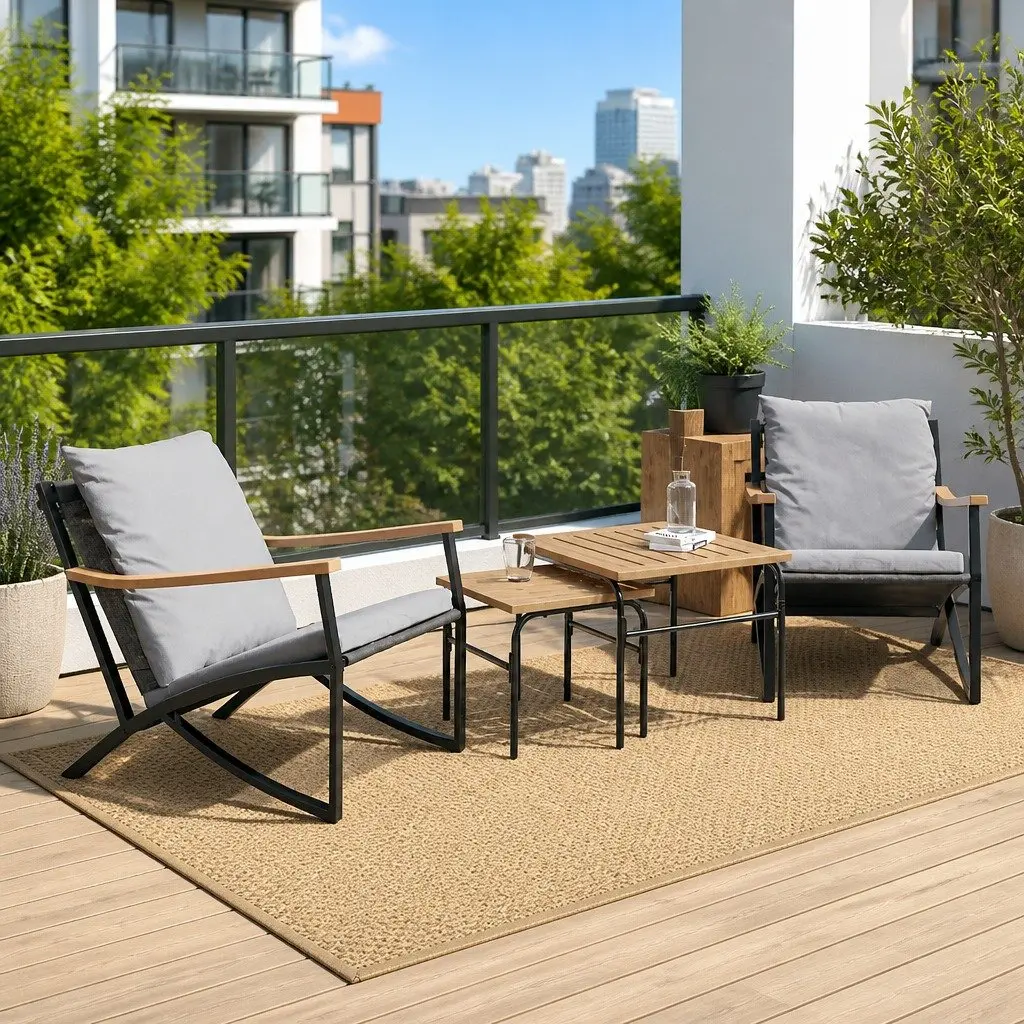 Balcony Furniture Set 4 Piece Outdoor Seating Black Textilene Fabric Cushions