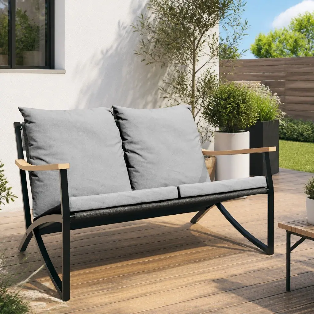 120cm Black Garden Bench with Cushions