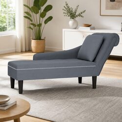 Chaise Lounge Specifications: Grey Velvet with Pillow Armrest