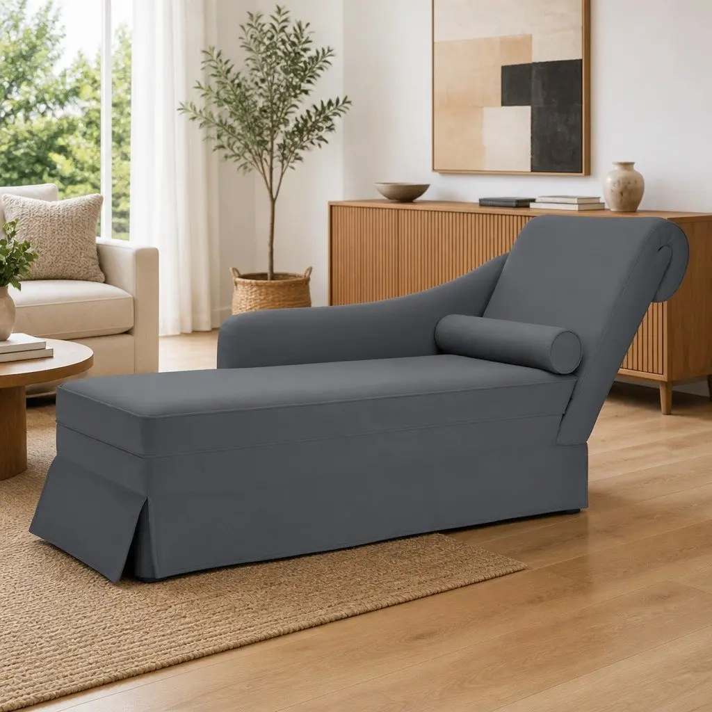 Chaise Lounge with Bolster Right Armrest Dark Grey Velvet Furniture Living Room